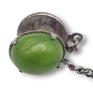 Green Center Cabochon Silver Tone Pin With Chain Tie Tack Lapel